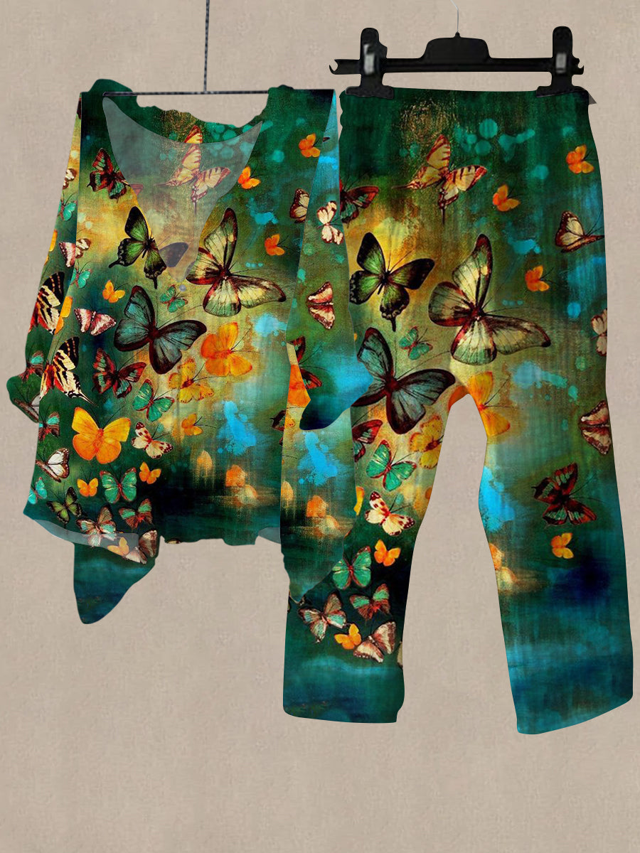Linen Women's Butterfly Print Casual Two Pieces Set