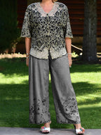 Vintage V Neck Printed Top And Pants Two-Piece Set