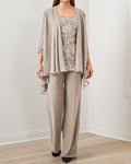 Embroidered Top Chiffon Long Pants Three Piece Suits