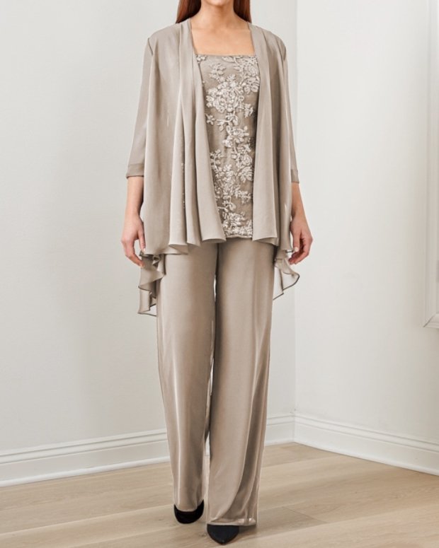 Embroidered Top Chiffon Long Pants Three Piece Suits