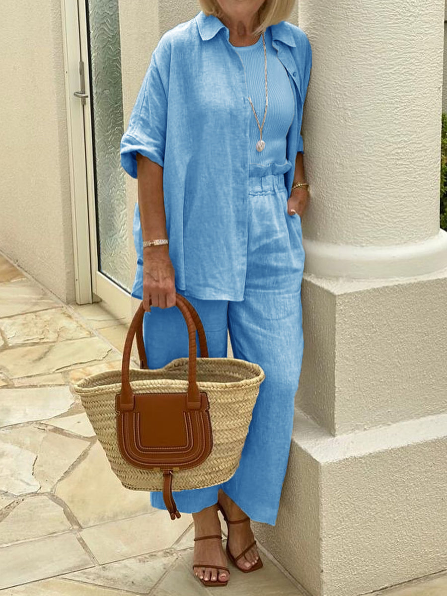 Solid Color Lapel Top And Wide Leg Pants Two-piece Set