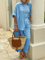 Solid Color Lapel Top And Wide Leg Pants Two-piece Set