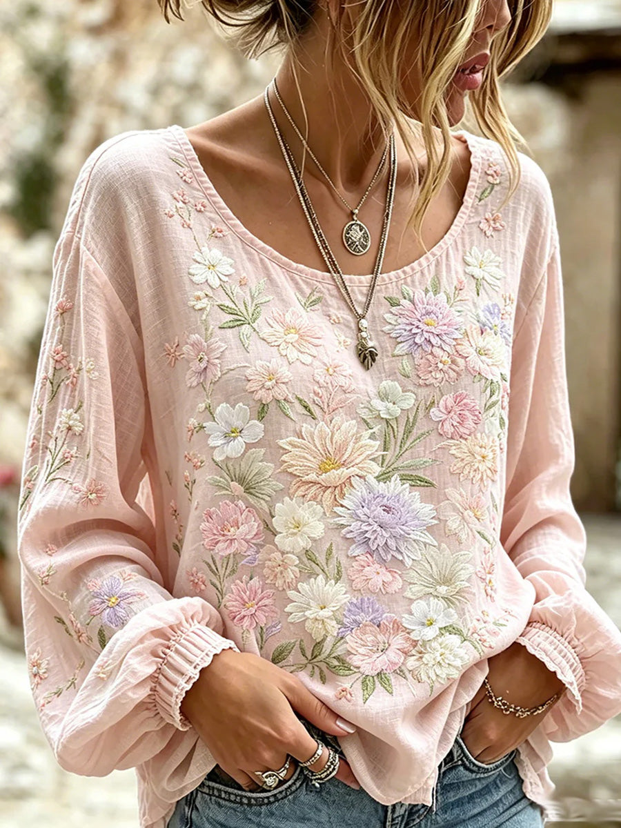 Women'S Long Sleeved Cotton Linen Floral Printed Top