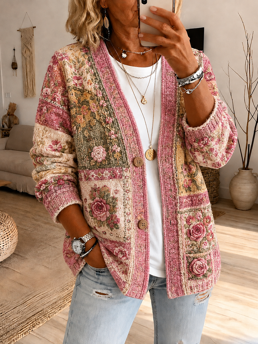 Women's Floral Patchwork Casual V-Neck Cardigan