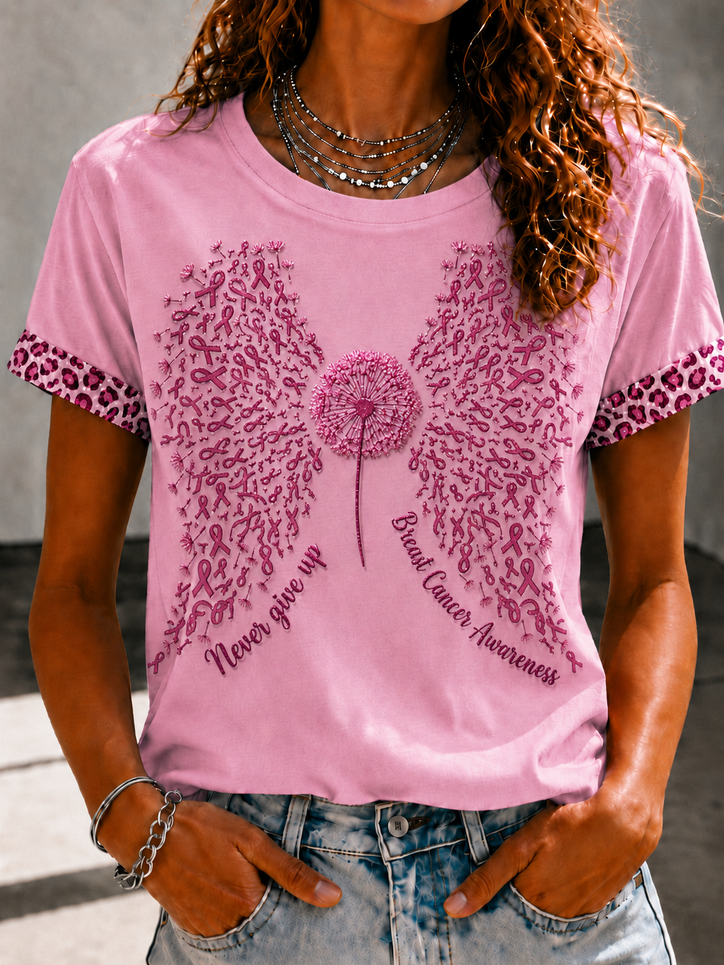 Women'S Pink Art Printed Casual T-Shirt