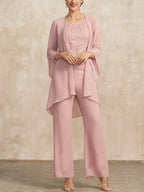 Pink Chiffon Lace Mother Bride Dress Three Piece Set