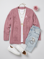 Women's Breast Cancer Awareness Pink Floral Embossed Printed Cardigan