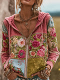 Women's Breast Cancer Awareness Flower Print Zipper Hoodie