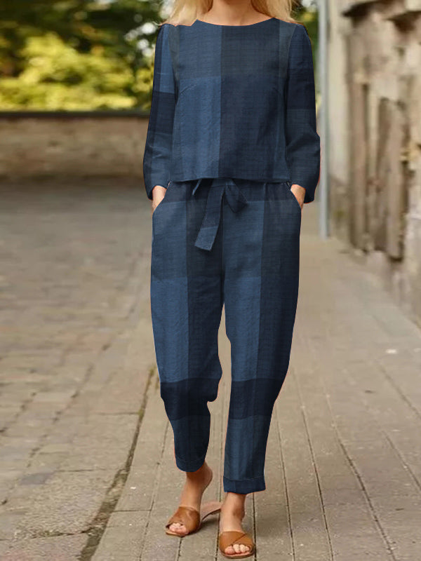 Long Sleeve Grid Printed O Neck Tops Wide Leg Pants Suits