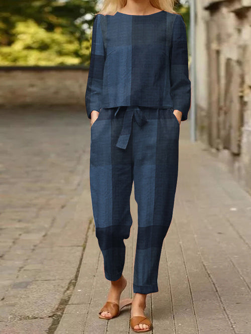 Long Sleeve Grid Printed O Neck Tops Wide Leg Pants Suits
