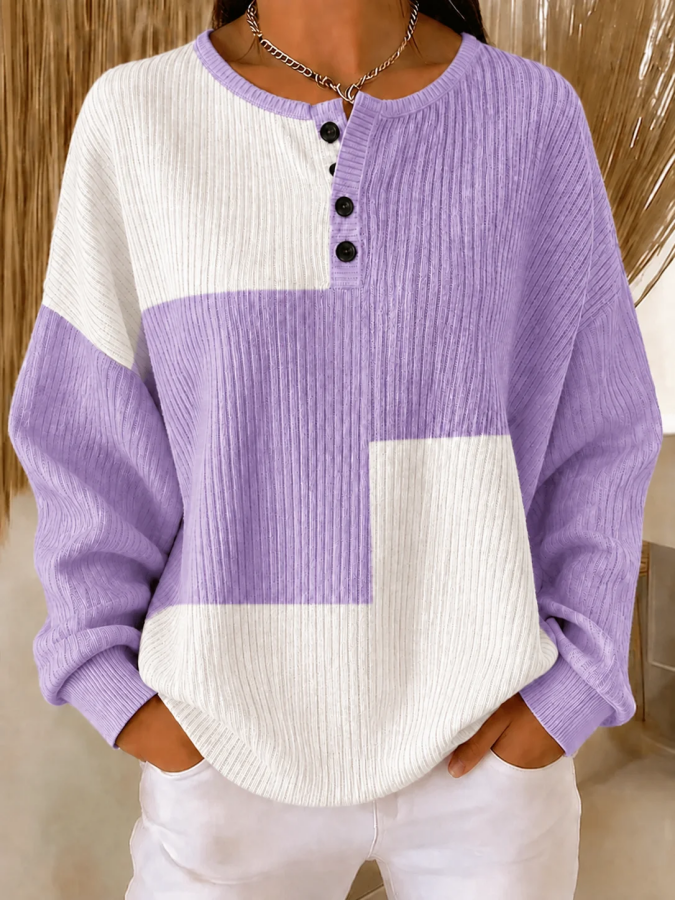 Women Abstract Henley Collar Casual Long Sleeve Sweatshirt