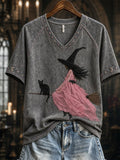 Women's Pink Witch-Themed Print Casual T-Shirt