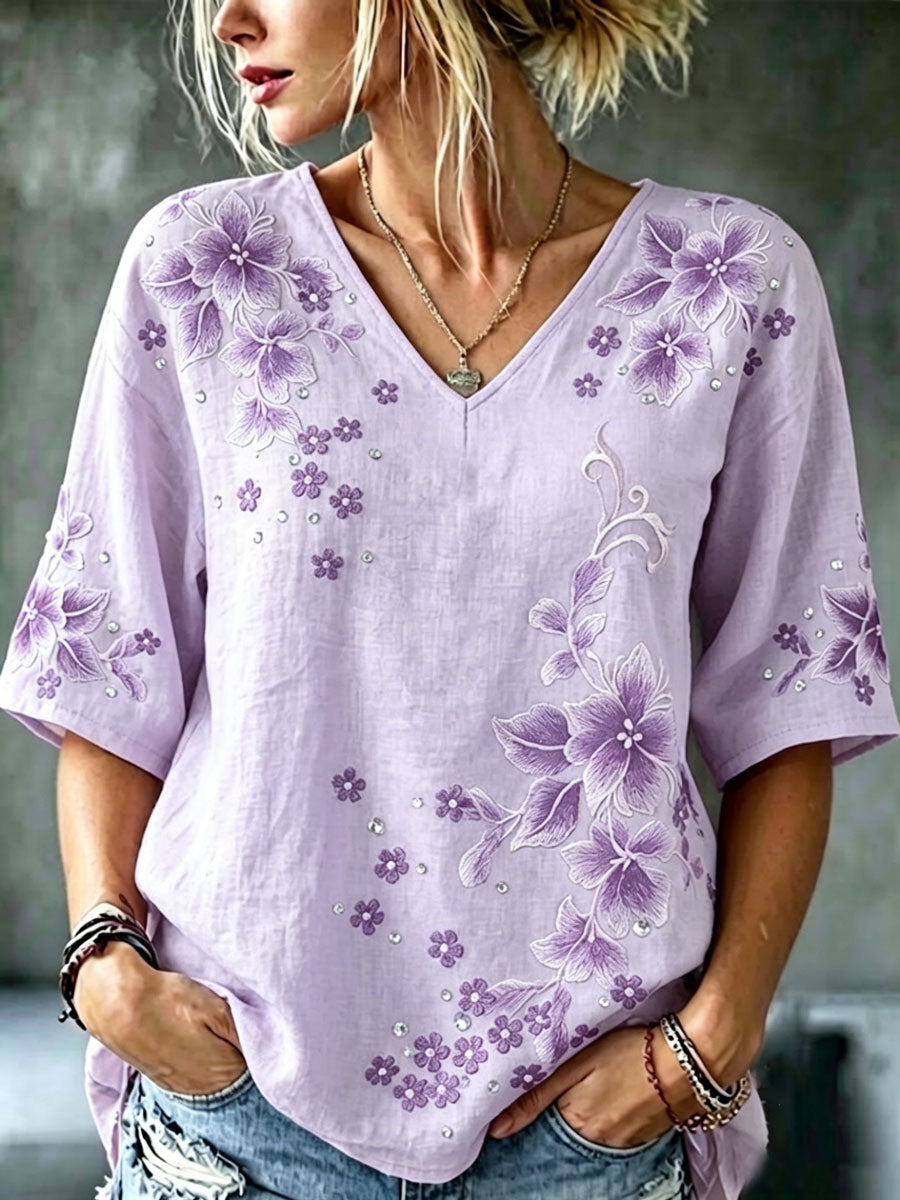 Women's cotton linen flower V-neck short sleeved shirt