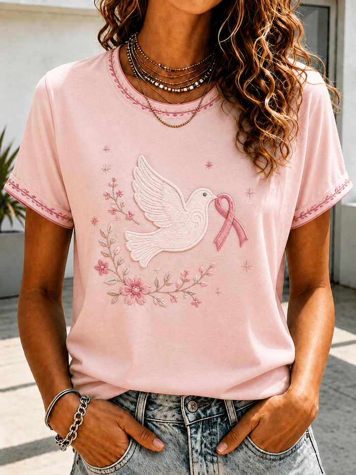 Women'S Casual Retro Flower Print Cancer Breast Promotional T-Shirt