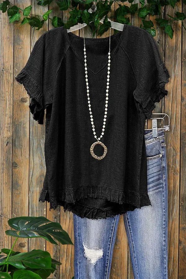 Cotton Blend Ruffled Frayed V-neck T-shirt