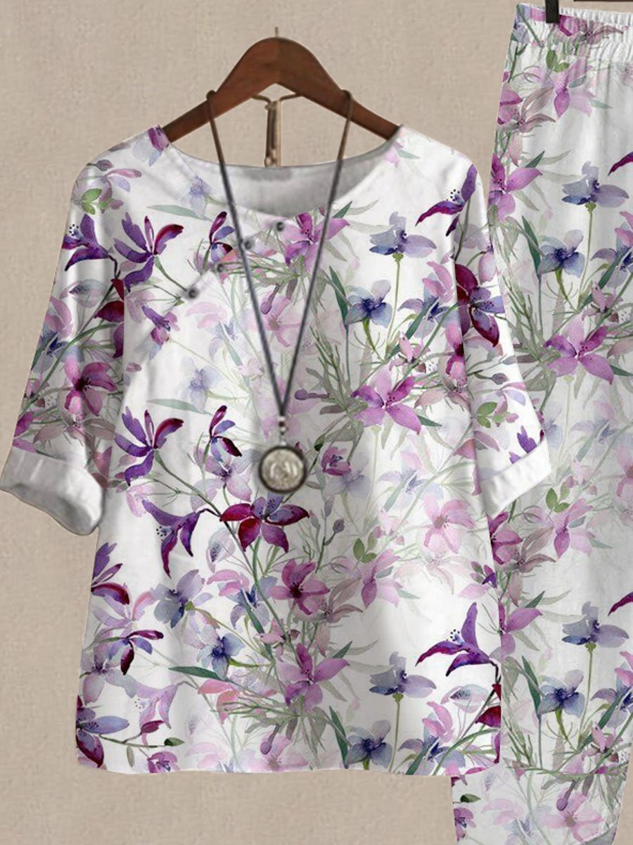 Purple Watercolor Floral Print Top And Pants Casual Two-piece Suits