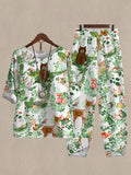 Cartoon Forest Animal Print Casual Two Piece Suits