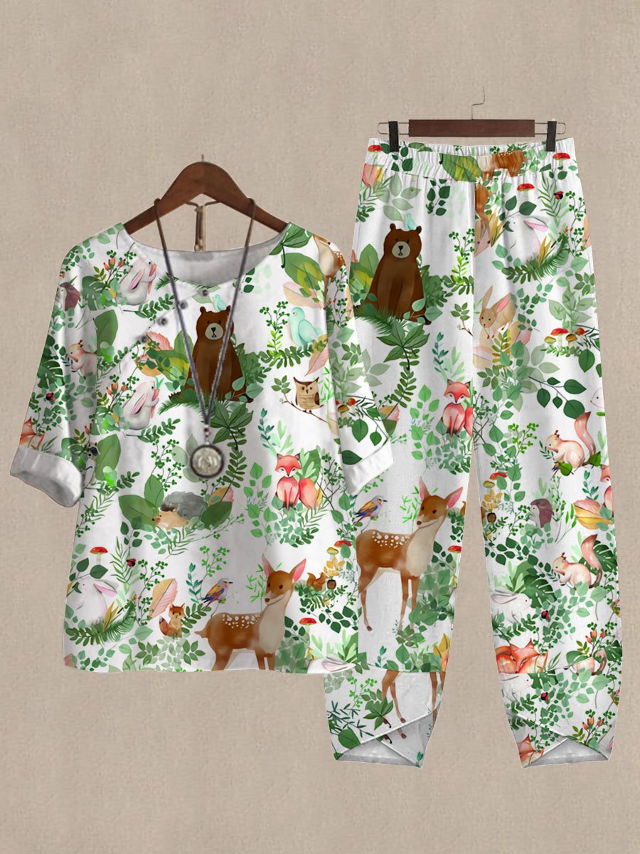 Cartoon Forest Animal Print Casual Two Piece Suits