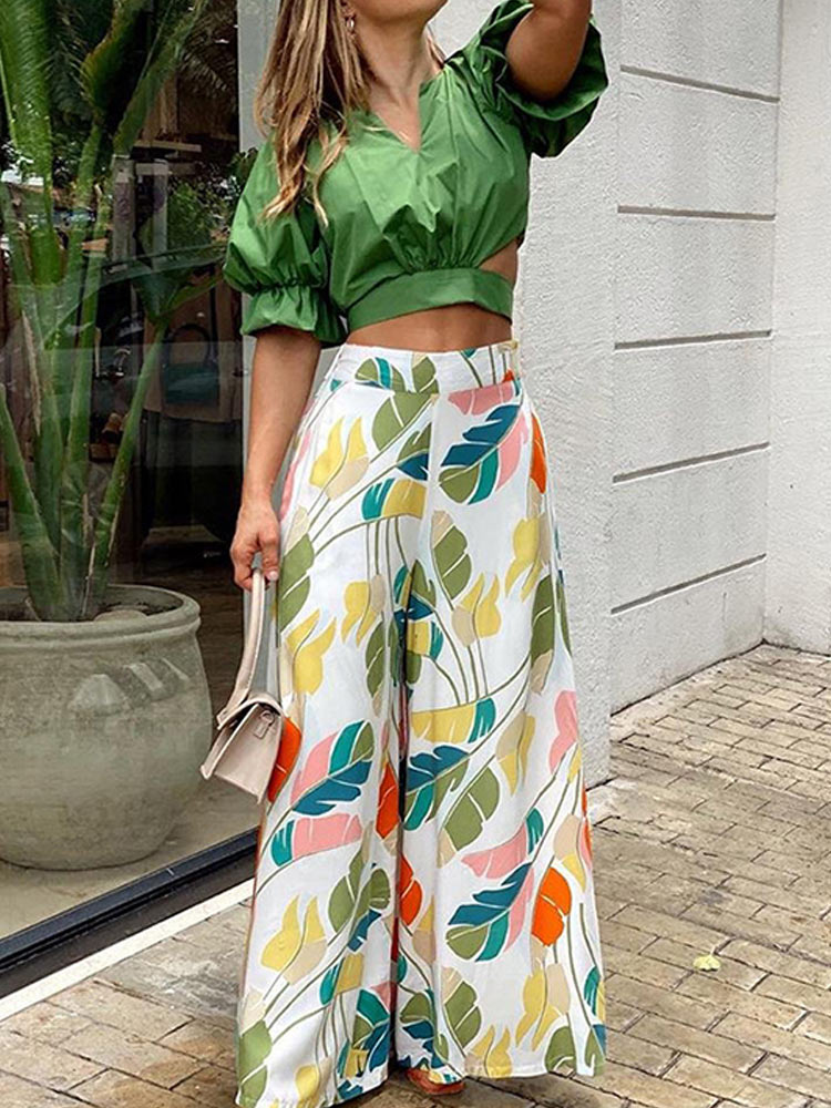Summer Womens Two Piece Sets Print Long Sleeve Shirt Loose Wide Leg Trousers Suits Female High Waist Turndown Collar Lady Set