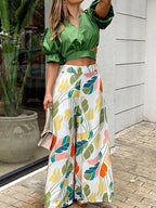 Summer Womens Two Piece Sets Print Long Sleeve Shirt Loose Wide Leg Trousers Suits Female High Waist Turndown Collar Lady Set