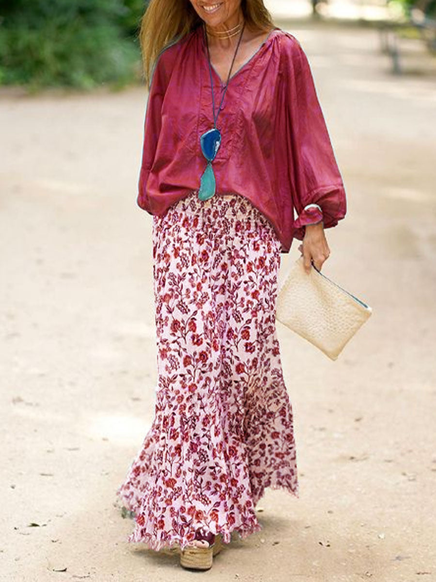Casual Loose Plain Top And Floral Skirt Set
