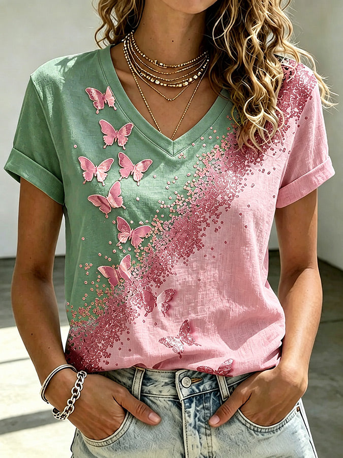 Pink Butterfly Breast Cancer Awareness V-Neck T-Shirt
