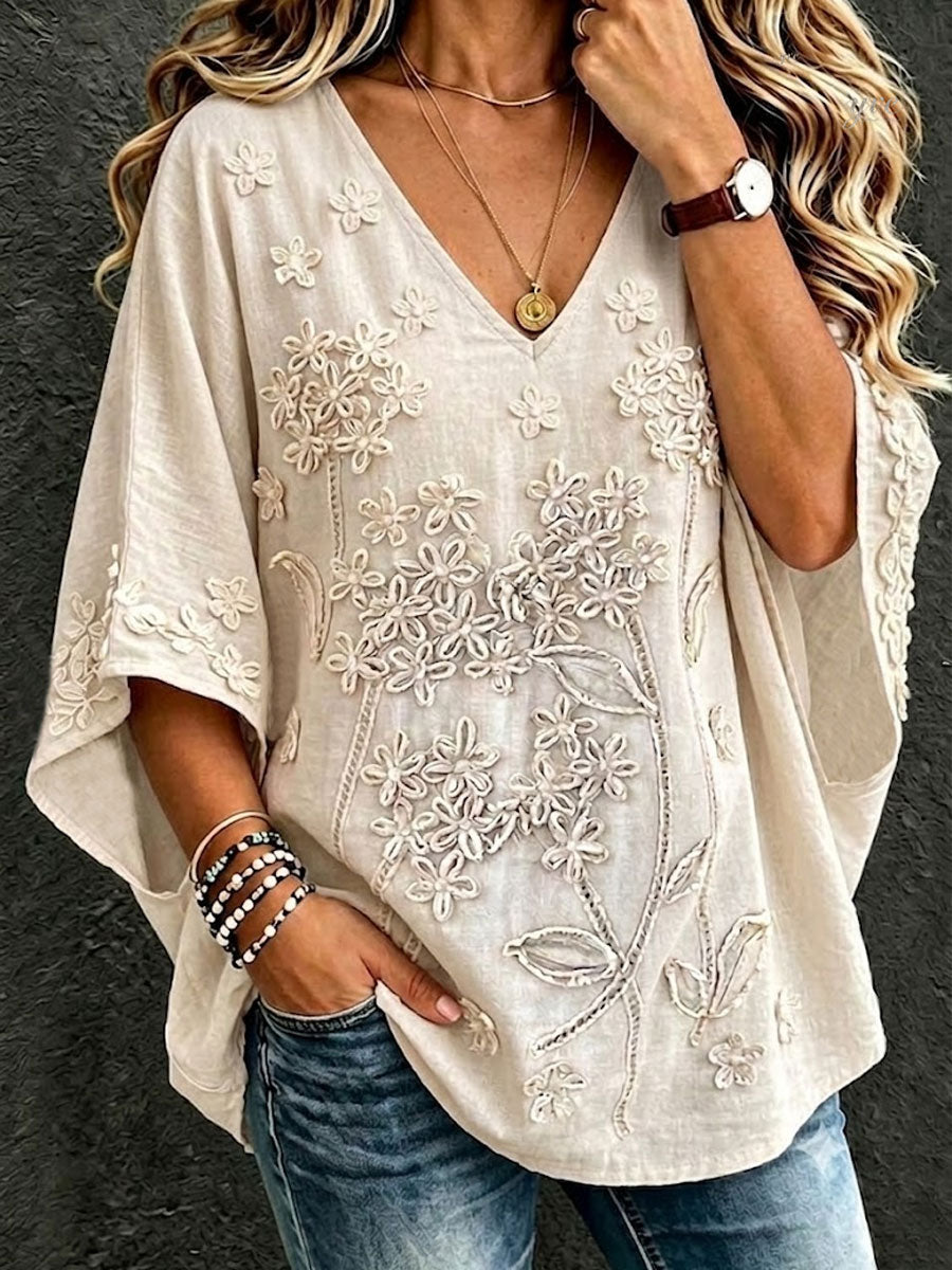 Women'S Cotton And Linen Floral Casual Vacation Top