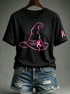 Women's Pink Witch Hat Printed Casual T-Shirt