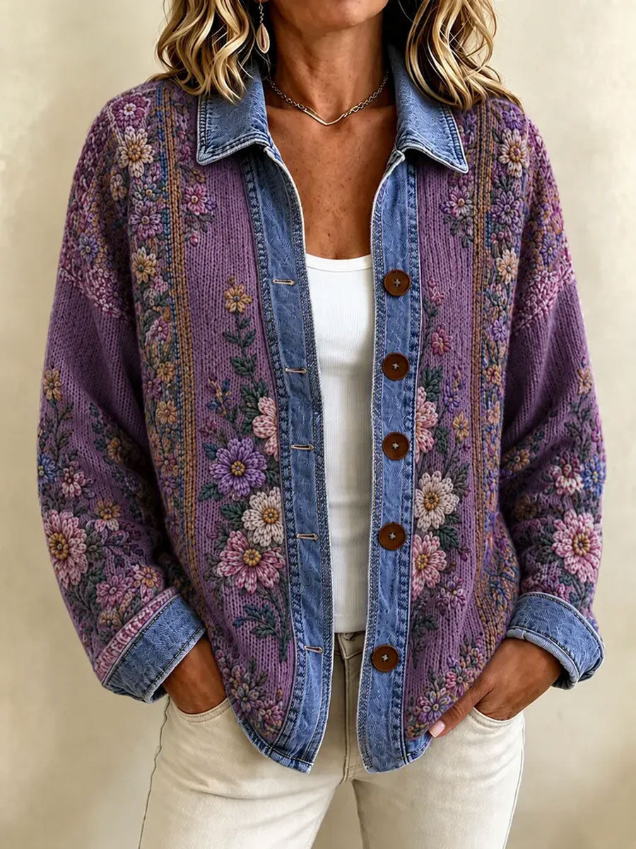 Women's Retro Flower Print Knit Top