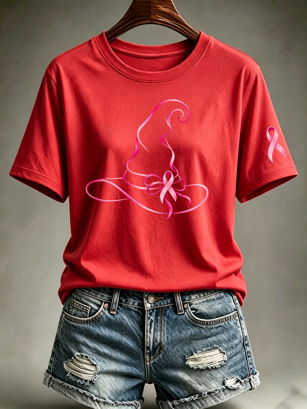 Women's Pink Witch Hat Printed Casual T-Shirt