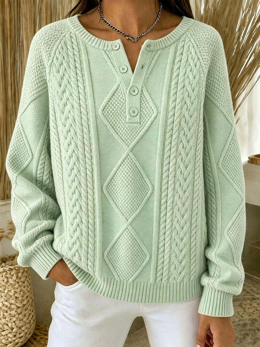 Women'S Casual Printed Henry Button Striped Knitted Top