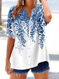 Women's Retro Botanical Floral Button Design V-Neck Three-Quarter Sleeve Shirt