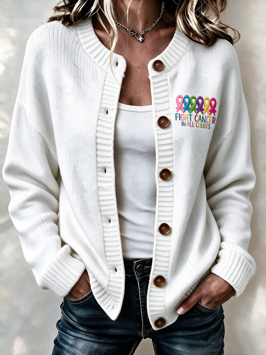 Women'S Casual Cancer Promotion Month Multi Color Knitted Cardigan Top
