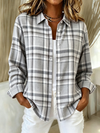 Women's Pink Plaid Print Lapel Long Sleeve Shirt
