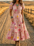 Women'S Western Style V-Neck Short Sleeved Floral Pattern Dress
