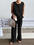 Sleeveless Top And Trousers Solid Color Set