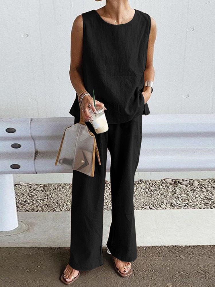 Sleeveless Top And Trousers Solid Color Set