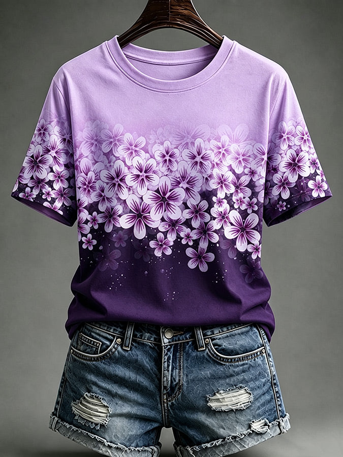 Women'S Casual Pink Floral Short Sleeved T-Shirt