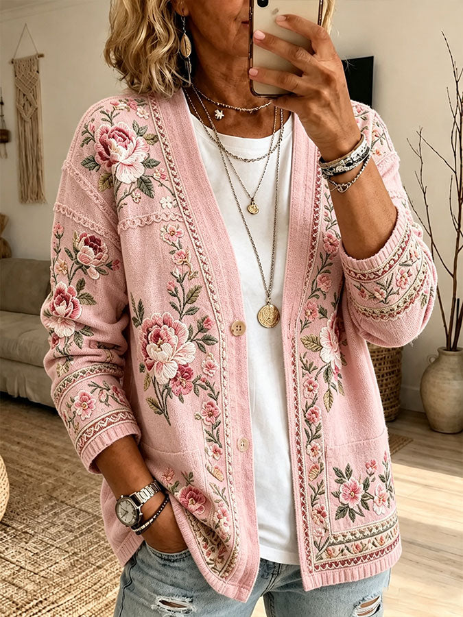 Women'S Pink Art Print Cardigan