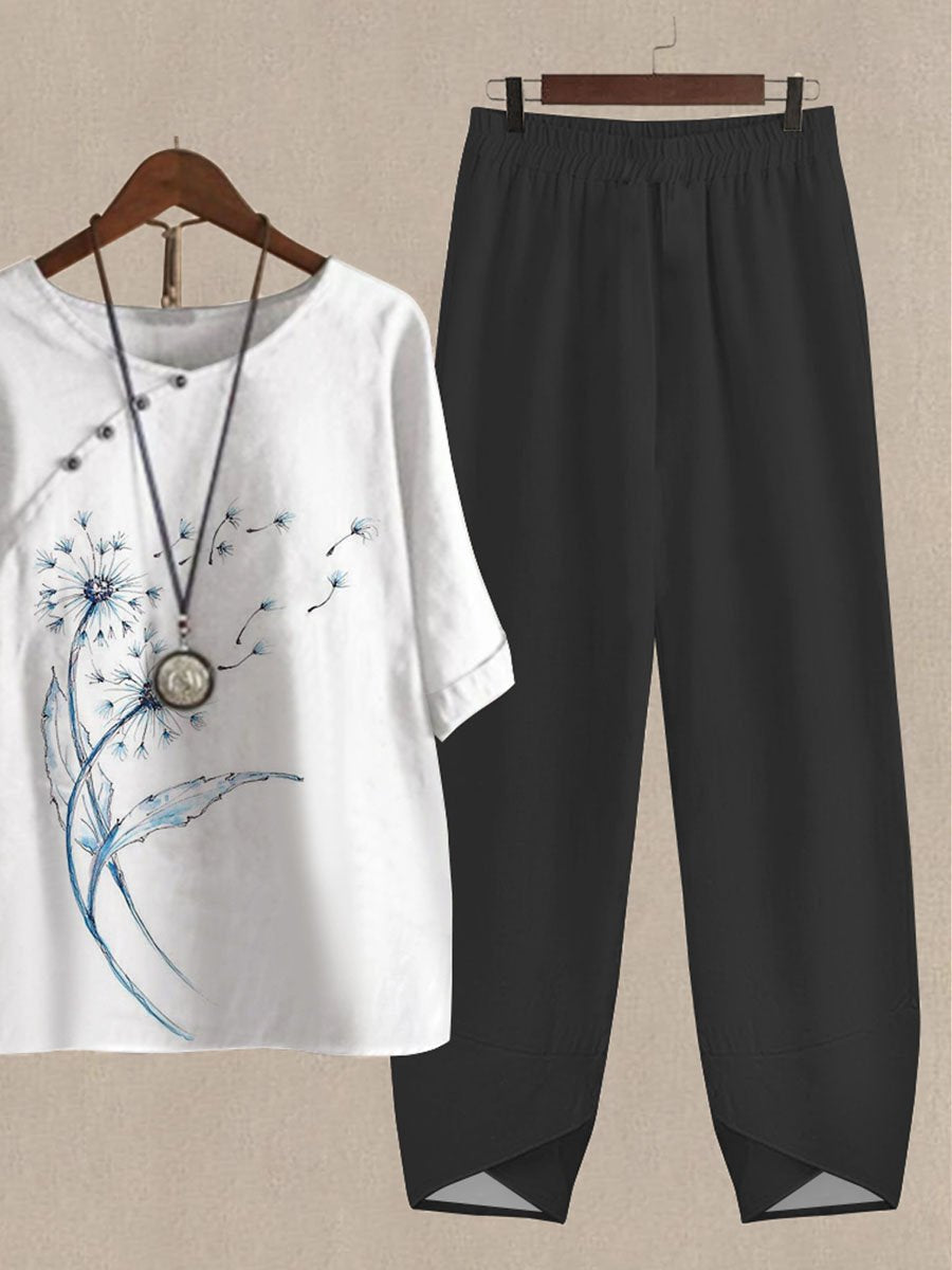 Watercolor Dandelion Print Casual Two Piece Set