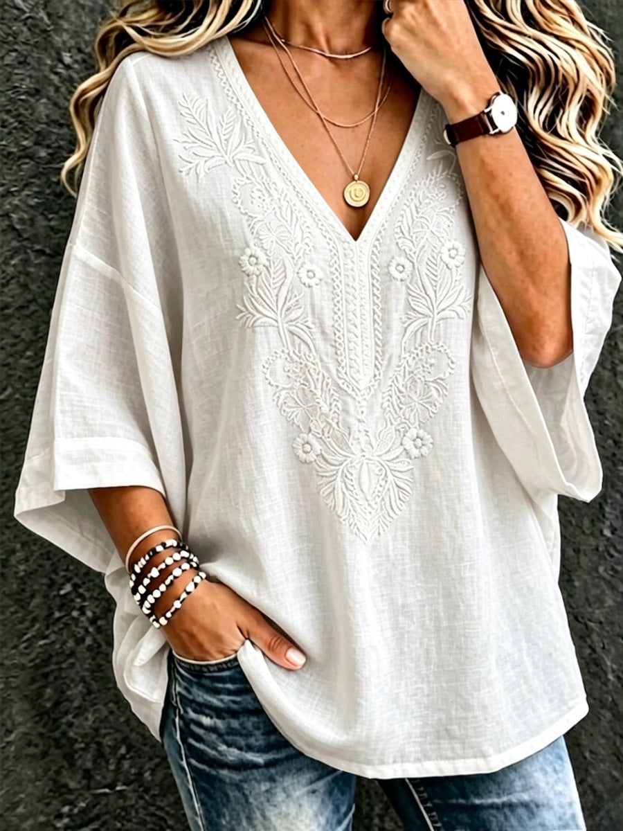 Women's Floral Art Cotton Linen V-Neck Short Sleeved Top