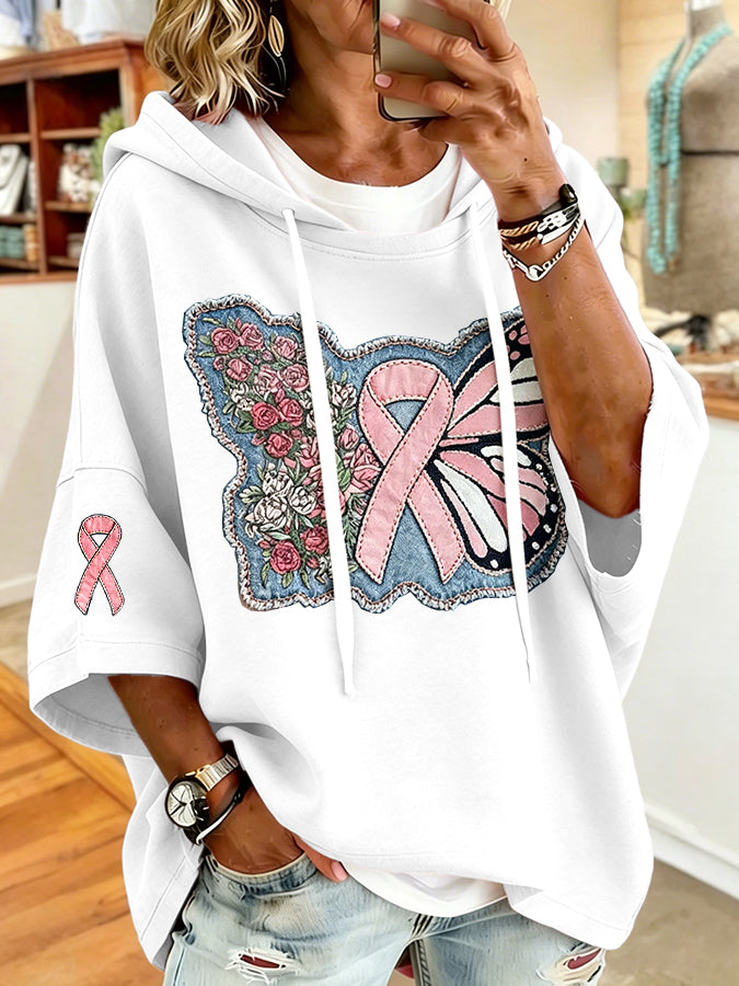 Women'S Vintage Breast Cancer Ribbon Print Hoodie