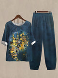 Linen Casual Women's Color Butterfly Print Two Pieces Set