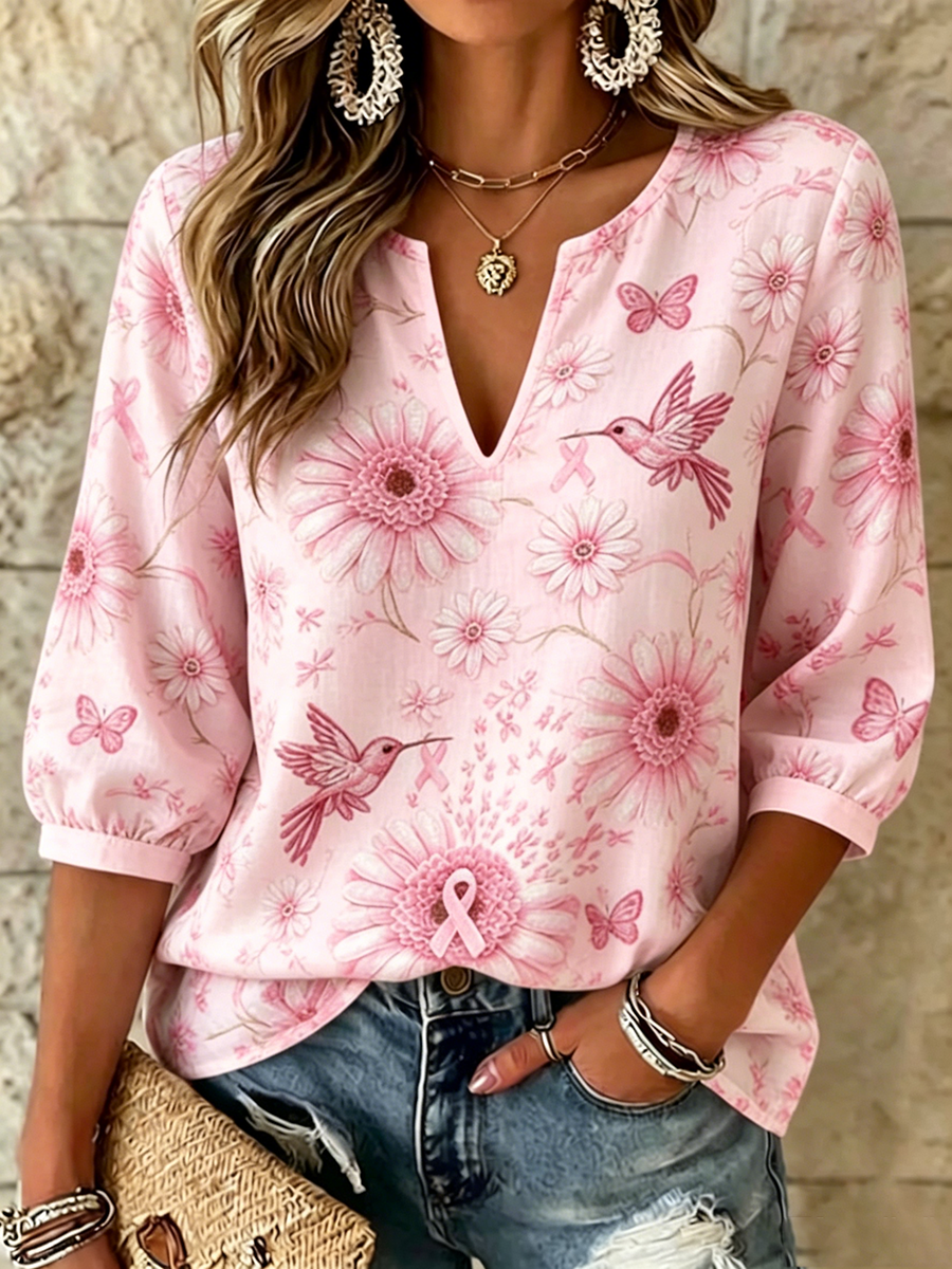Women's Casual Breast Cancer Awareness Pink Flower Top