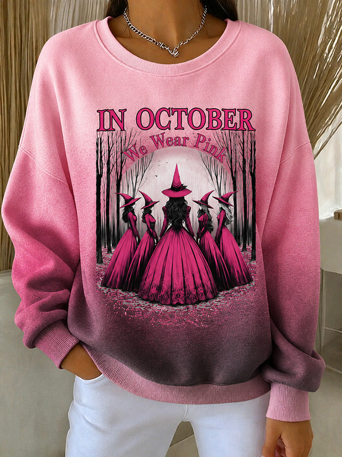 Ladies' Casual Plant Pink Witch Round Neck Sports Shirt