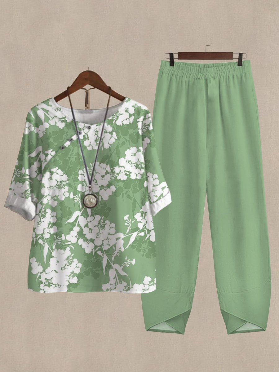 Botanical Floral Print Casual Two-piece Suits