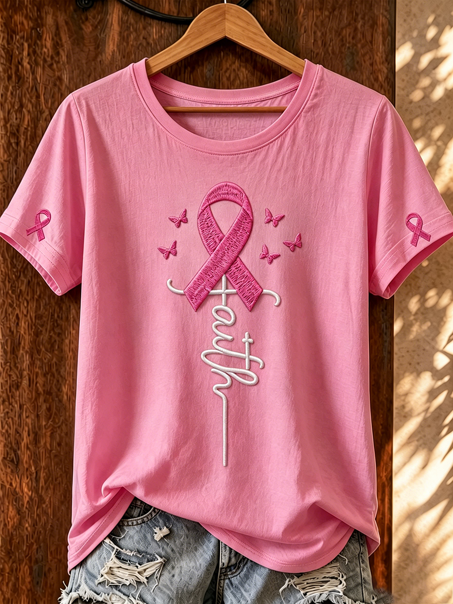 Women's Casual Breast Cancer Embroidery T-Shirt