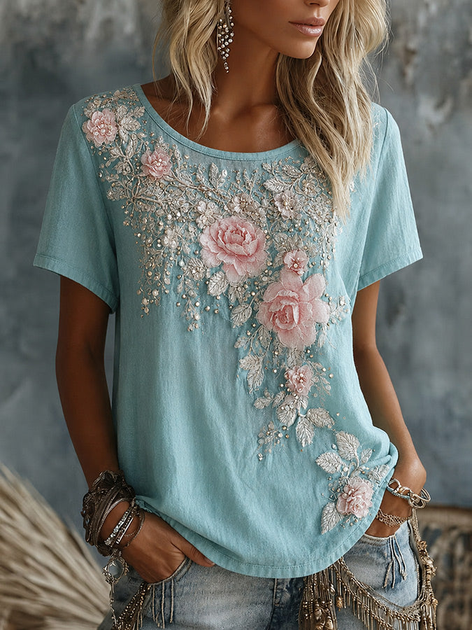 Women'S Floral Linen Round Neck Top