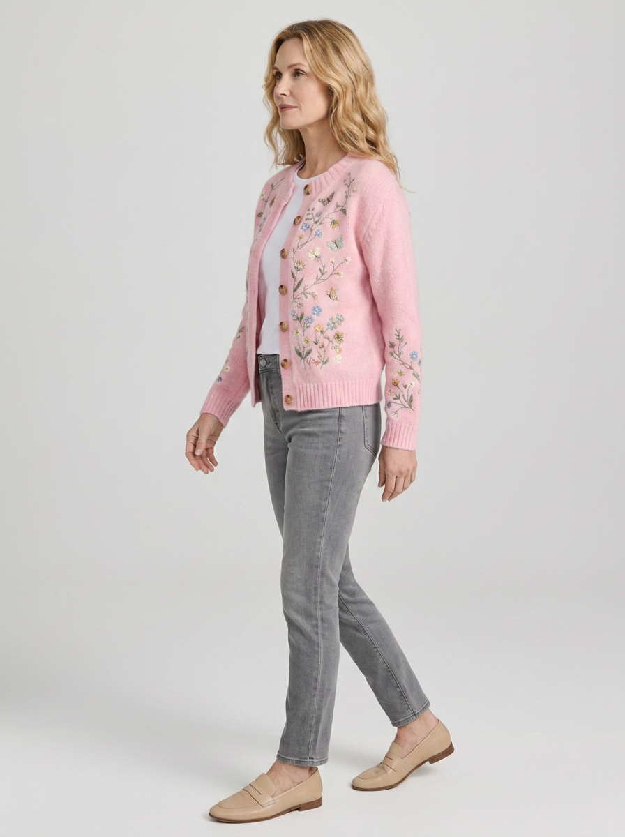 Women's Breast Cancer Awareness Butterfly Floral Embroidered Cardigan