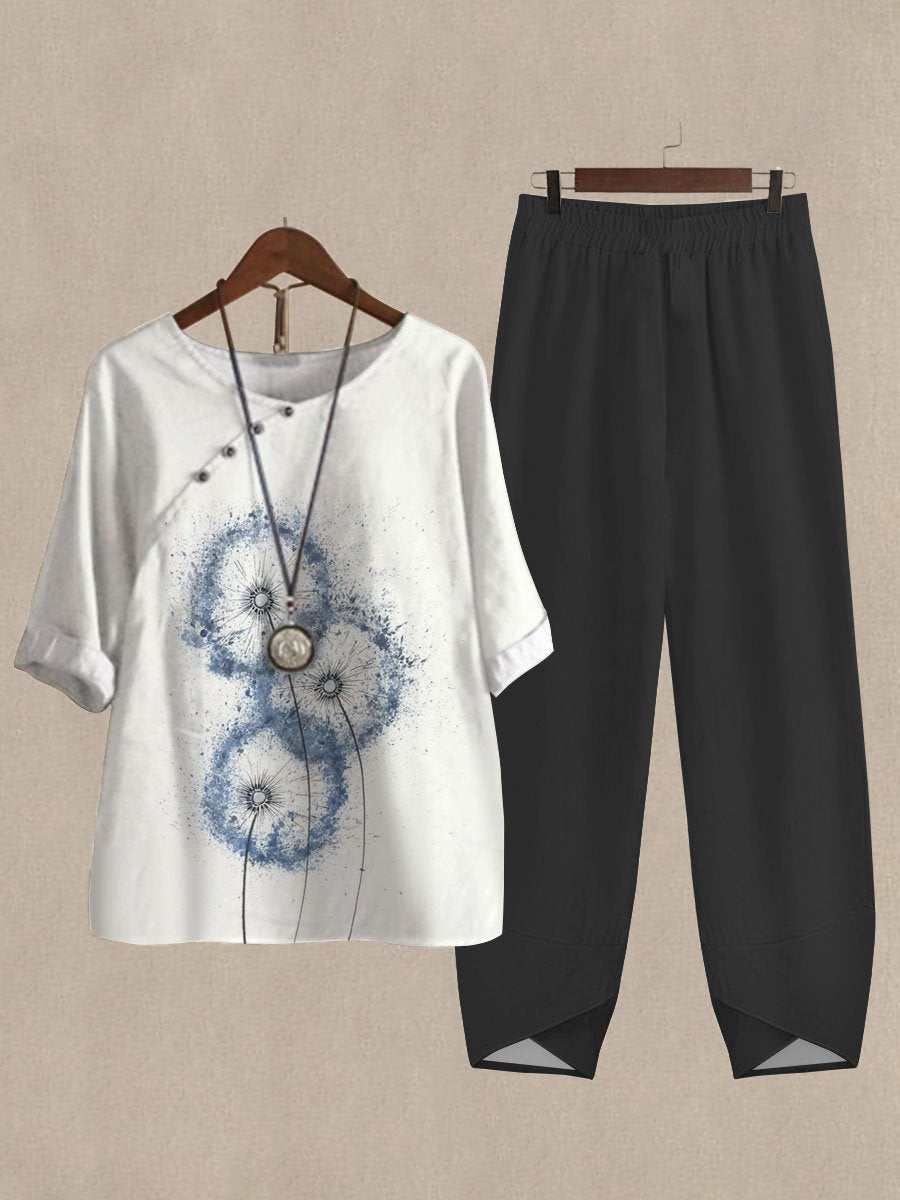 Pretty Dandelion Print Casual Two Piece Set
